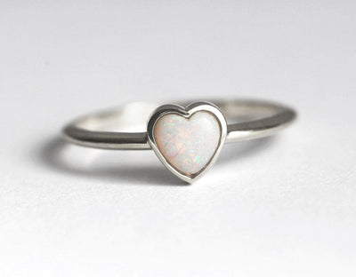 Heart-Shape White Opal Solitaire White Gold Ring