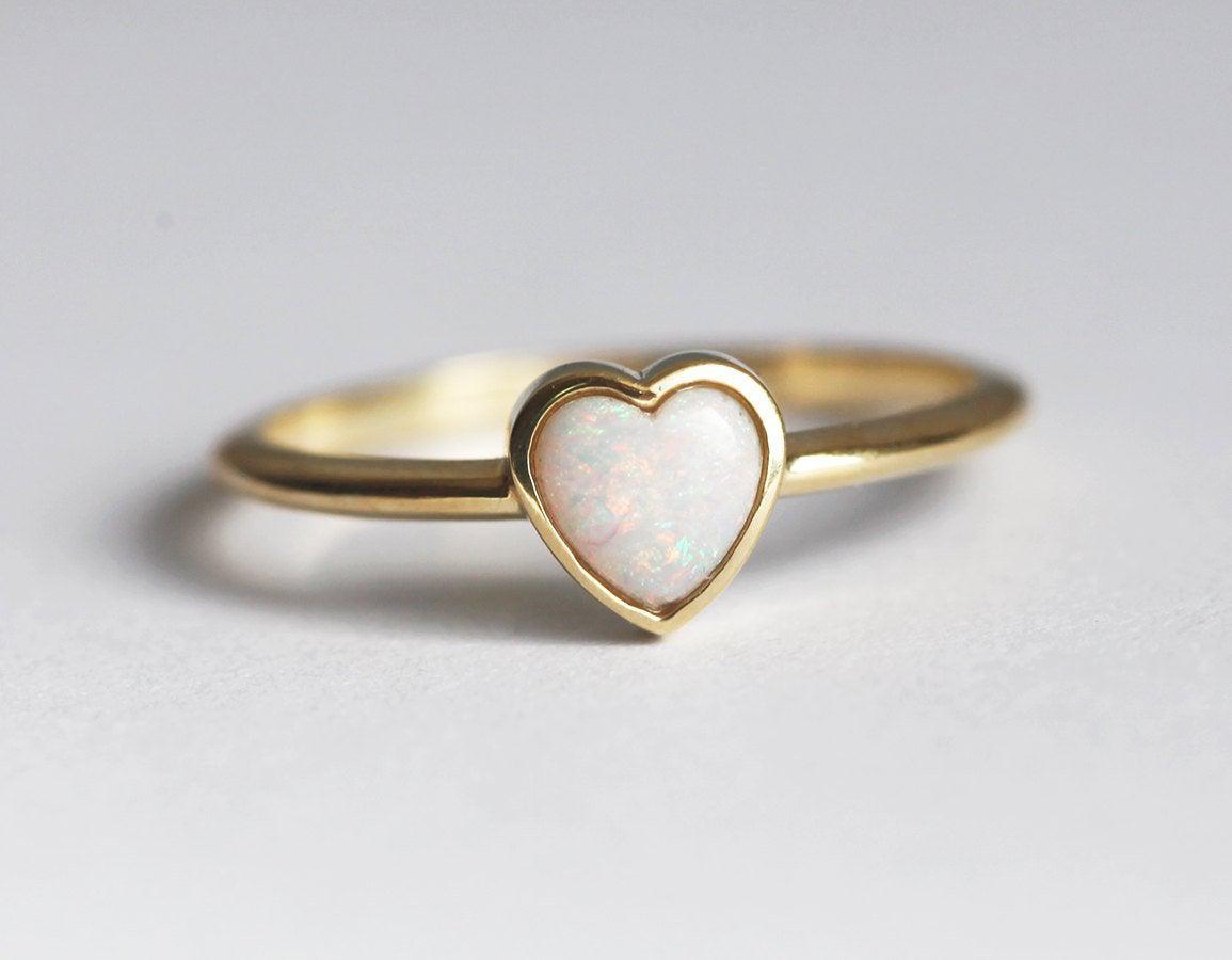 Heart-Shape White Opal Solitaire Yellow Gold Ring