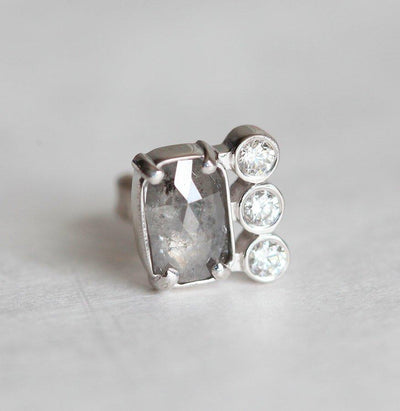 Baguette-cut salt and pepper diamond stud earrings with round white side diamonds
