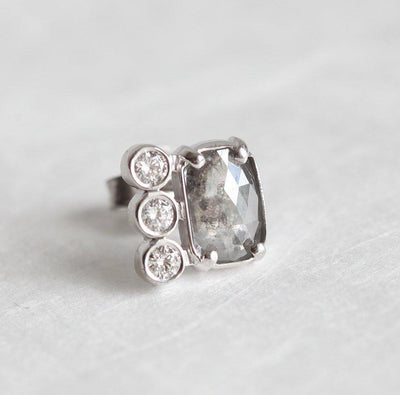 Baguette-cut salt and pepper diamond stud earrings with round white side diamonds