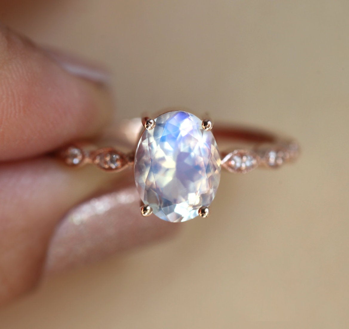 Pink Purple Vintage Oval Moonstone Diamond Ring