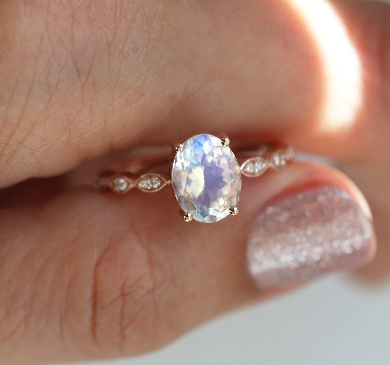 Pink Purple Vintage Oval Moonstone Diamond Ring