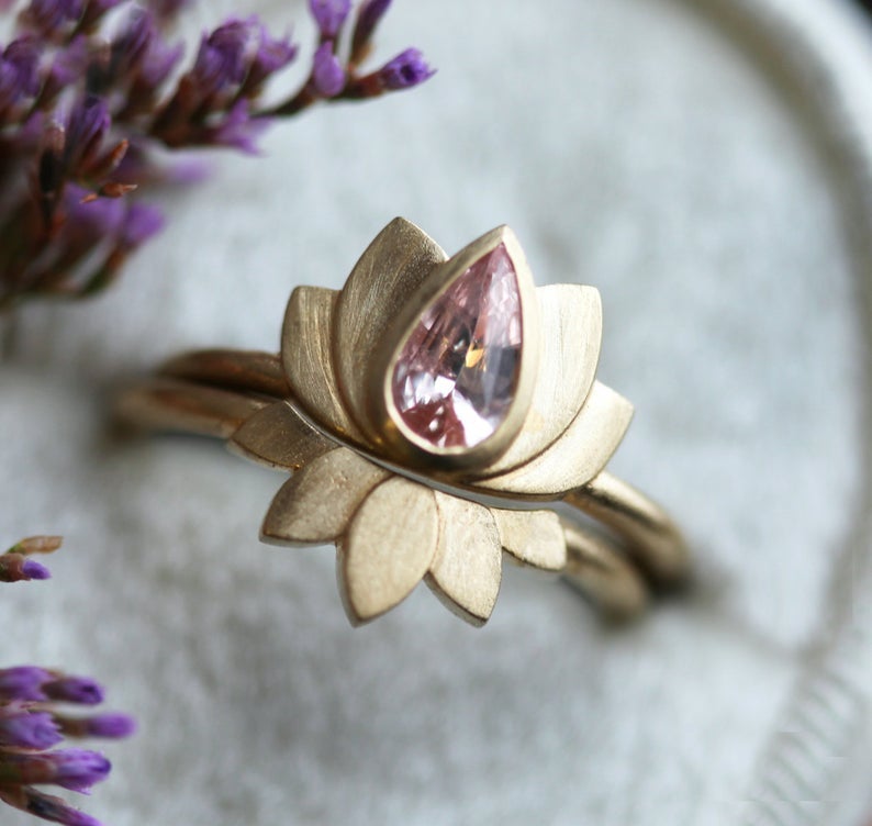 Pear-shaped pink sapphire lotus ring
