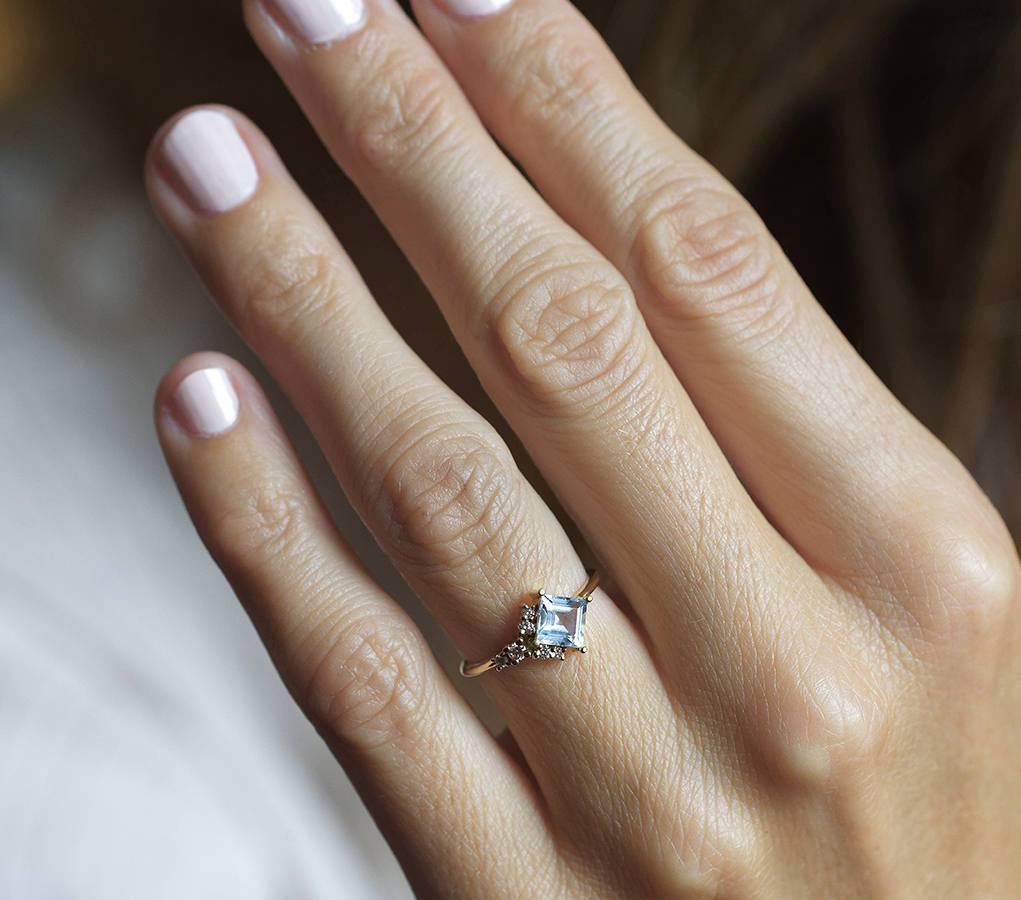 Blue Square Aquamarine Cluster, Art Deco Ring with Side White Diamonds