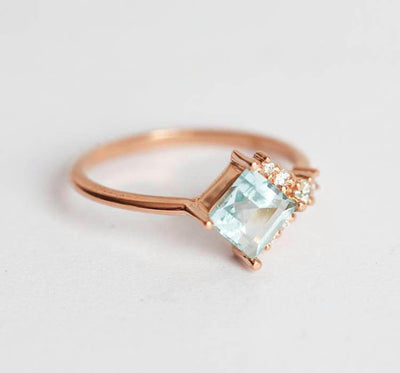 Blue Square Aquamarine Cluster, Art Deco Ring with Side White Diamonds