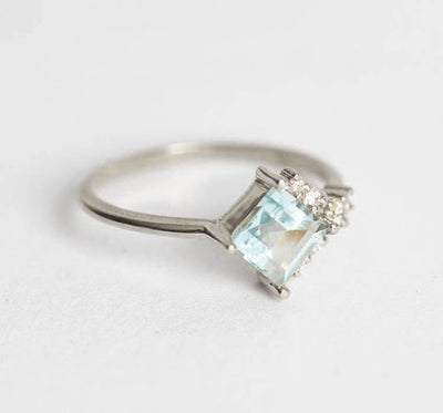 Blue Square Aquamarine Cluster, Art Deco Ring with Side White Diamonds