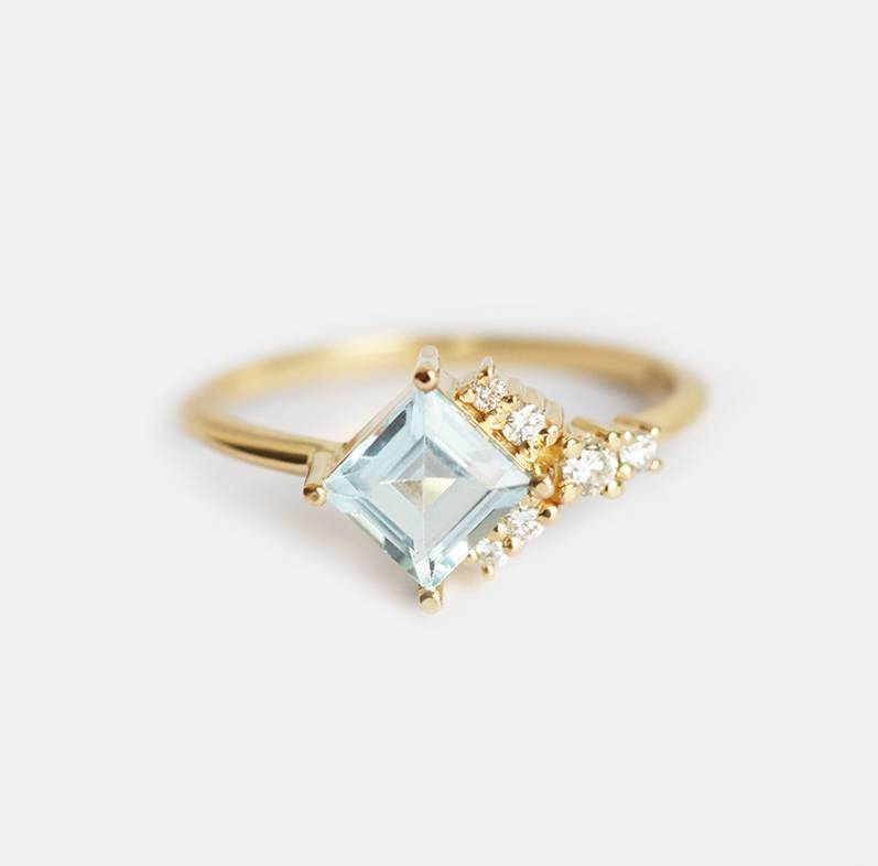 Blue Square Aquamarine Cluster, Art Deco Ring with Side White Diamonds