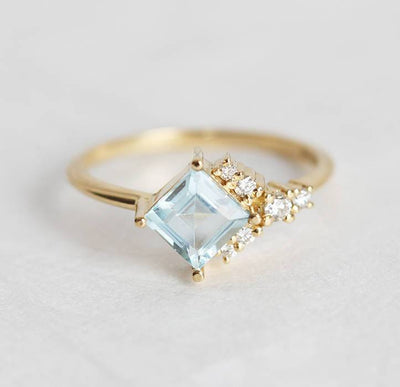 Blue Square Aquamarine Cluster, Art Deco Ring with Side White Diamonds