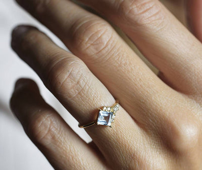 Blue Square Aquamarine Cluster, Art Deco Ring with Side White Diamonds