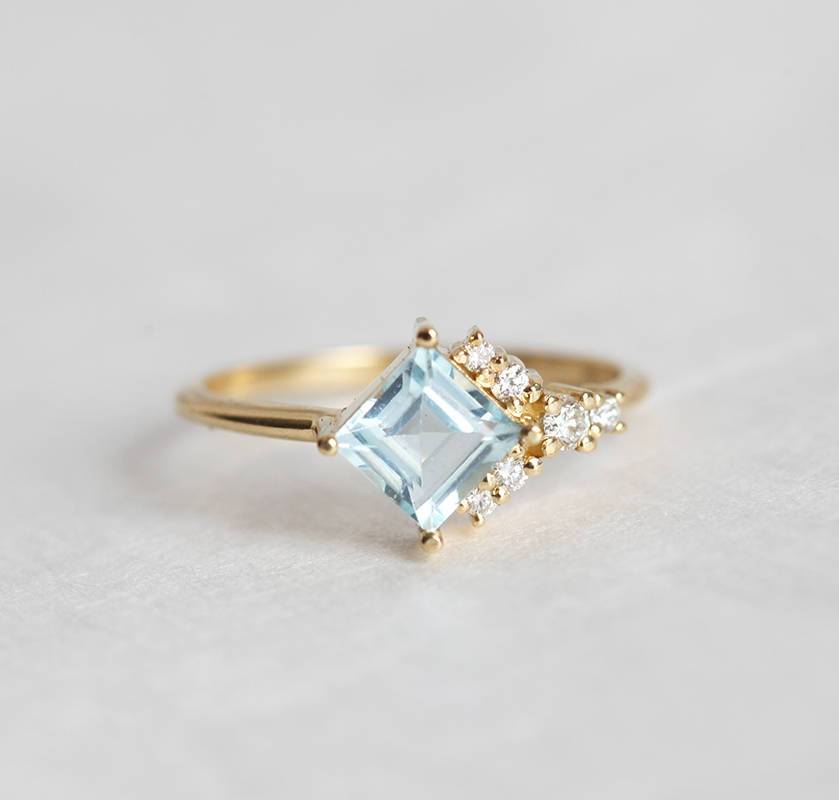 Blue Square Aquamarine Cluster, Art Deco Ring with Side White Diamonds