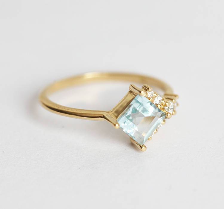 Blue Square Aquamarine Cluster, Art Deco Ring with Side White Diamonds