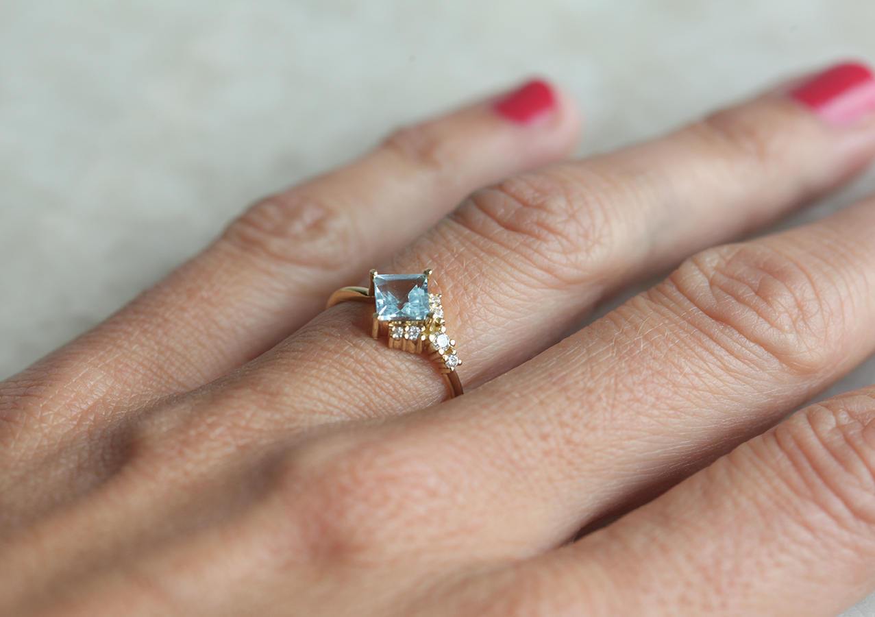 Blue Square Aquamarine Cluster, Art Deco Ring with Side White Diamonds