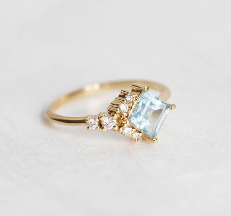 Blue Square Aquamarine Cluster, Art Deco Ring with Side White Diamonds