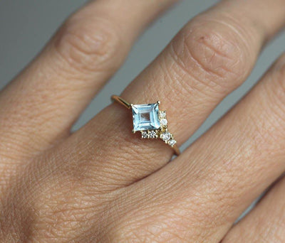 Blue Square Aquamarine Cluster, Art Deco Ring with Side White Diamonds