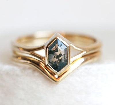 Hexagon Solitaire Moss Agate, Yellow Gold Ring With Chevron Band