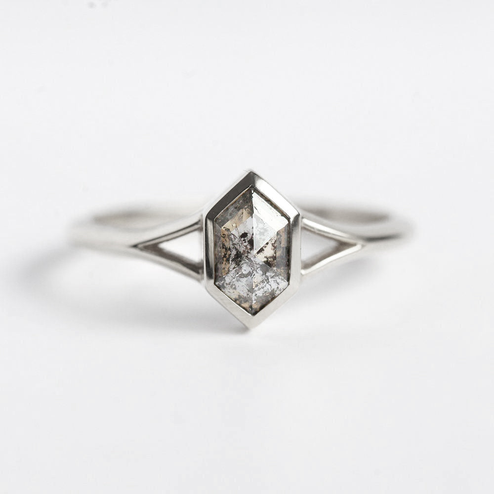 Hexagon Salt And Pepper Diamond, Platinum Engagement Ring