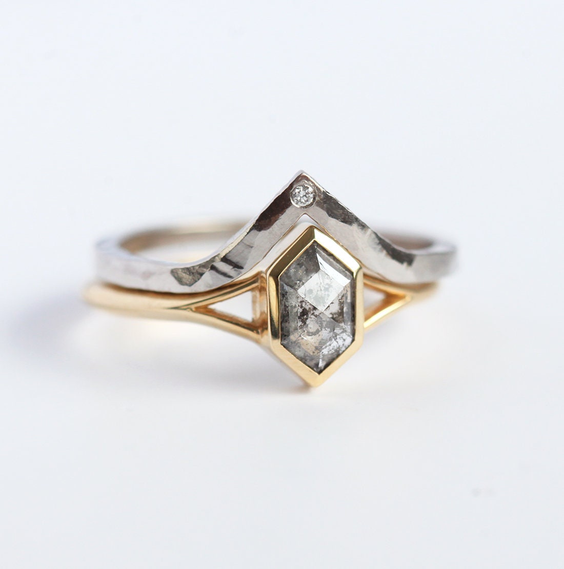 Hexagon Salt And Pepper Diamond, Yellow Gold Engagement Ring