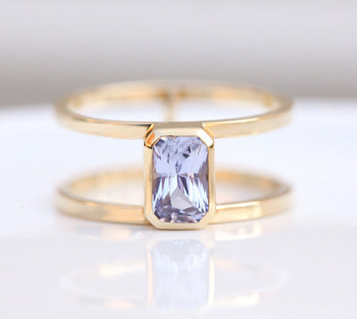 Emerald-cut teal sapphire open band with diamonds