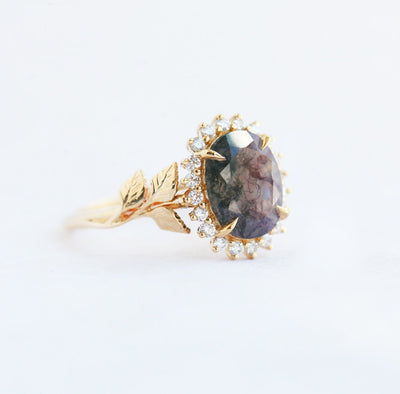 Oval Moss Agate Ring with Side Round Diamonds forming a Halo