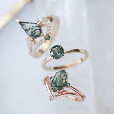 Variety of Moss Agate Rings and Stone Combinations