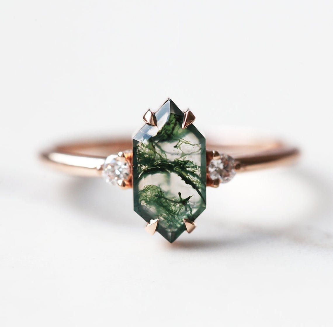 Hexagon Moss Agate, Rose Gold Ring with Side Round Diamonds
