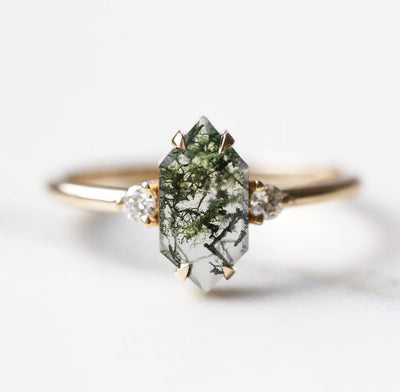 Hexagon Moss Agate, Yellow Gold Ring with Side Round Diamonds
