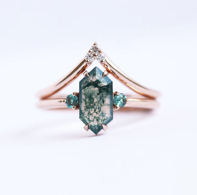 Hexagon Moss Agate Ring with Side Round Alexandrite Stones  and Diamond Band