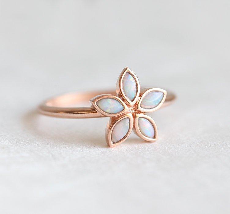 Marquise-Cut White Opal Rose Gold, Flower-Shape Ring