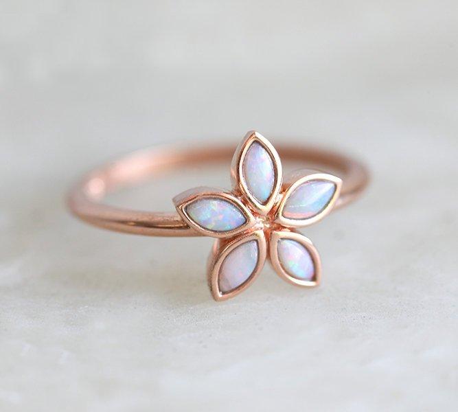 Marquise-Cut White Opal Rose Gold, Flower-Shape Ring