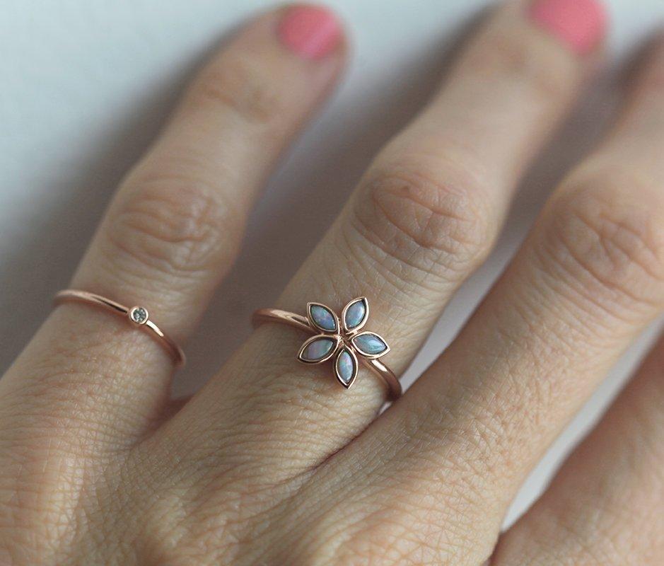 Marquise-Cut White Opal Rose Gold, Flower-Shape Ring