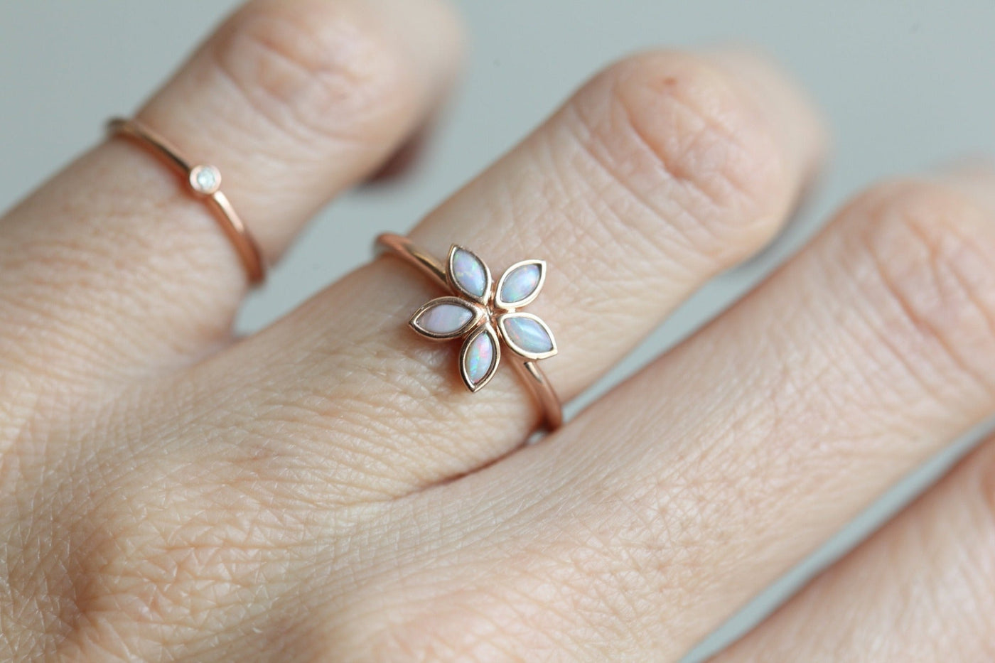 Marquise-Cut White Opal Rose Gold, Flower-Shape Ring