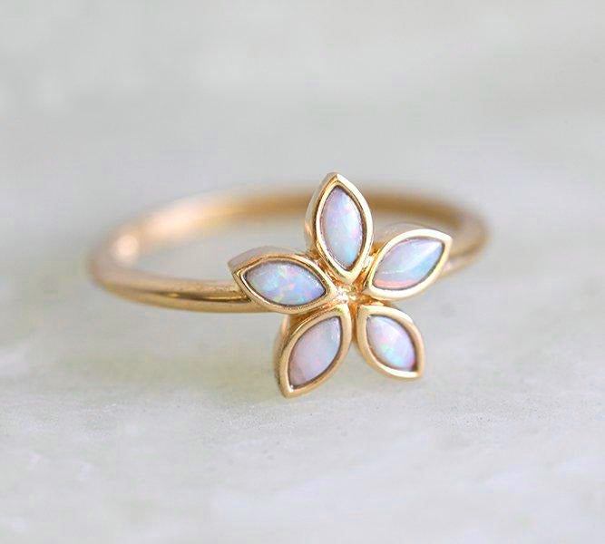 Marquise-Cut White Opal Yellow Gold, Flower-Shape Ring