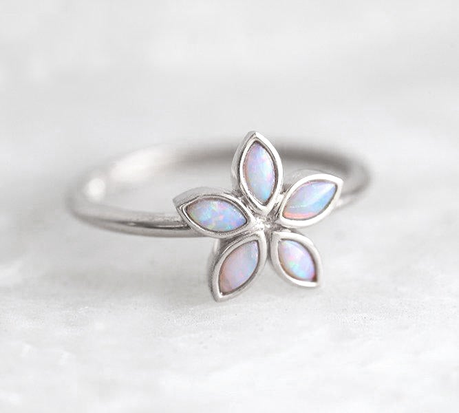Marquise-Cut White Opal White Gold, Flower-Shape Ring