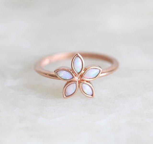 Marquise-Cut White Opal Rose Gold, Flower-Shape Ring