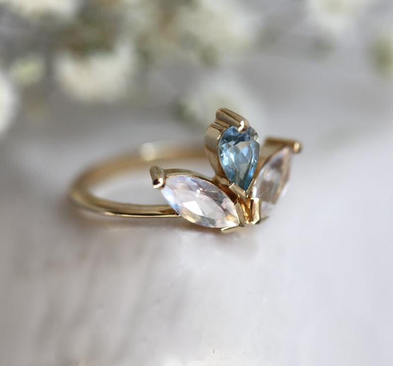 Floral Pear Aquamarine Ring with 2 Side Moonstones
