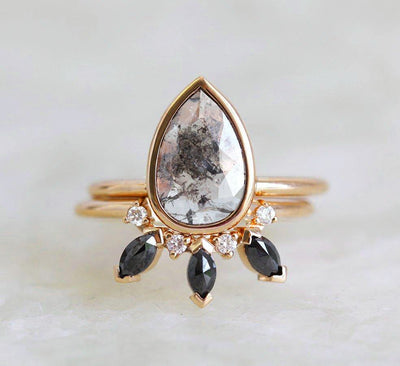 Grey Pear Salt & Pepper Diamond, Yellow Gold Ring with Side Black And White Diamonds