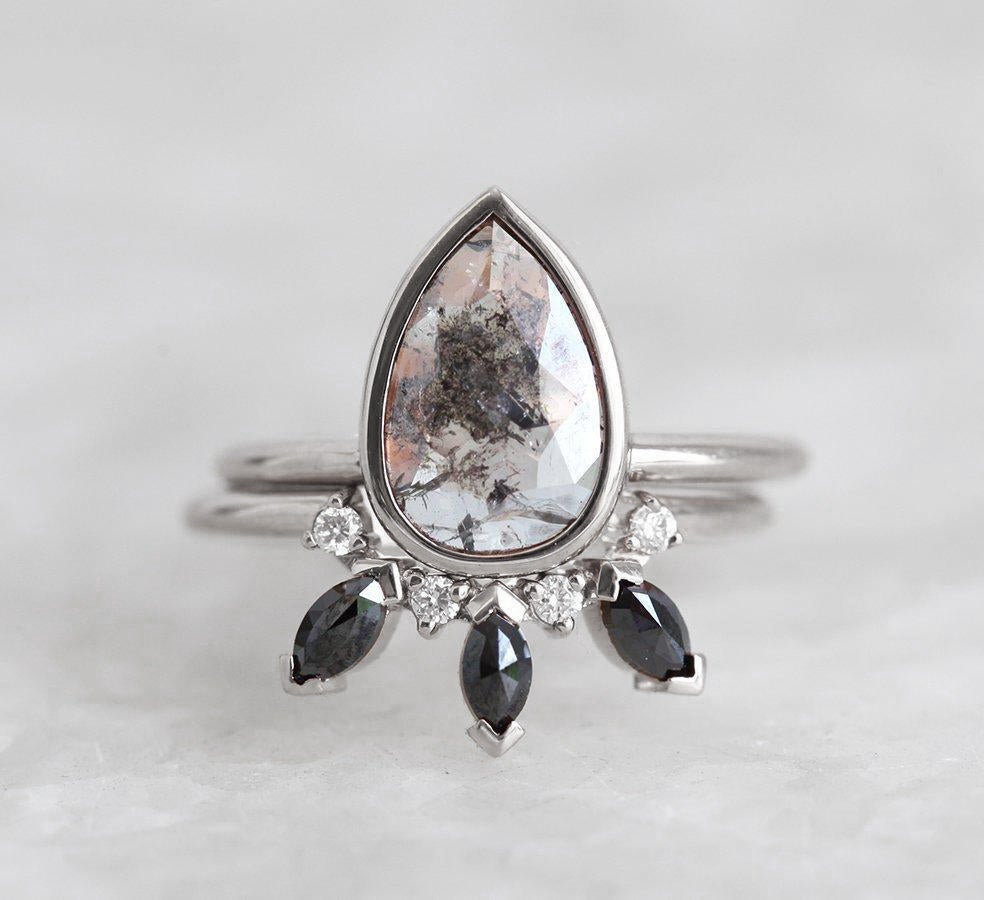 Grey Pear Salt & Pepper Diamond, Platinum Ring with Side Black And White Diamonds