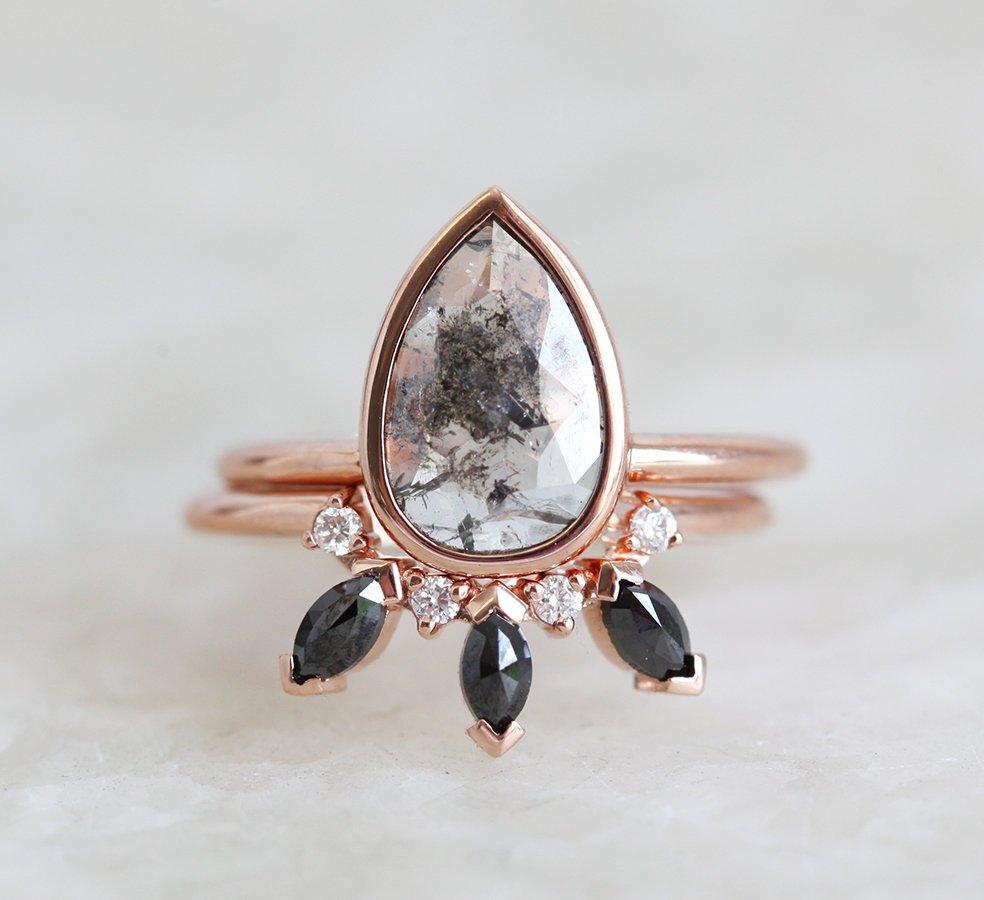 Grey Pear Salt & Pepper Diamond Ring with Side Black And White Diamonds