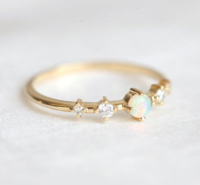 Round Opal Yellow Gold Ring with 4 Side White Diamonds