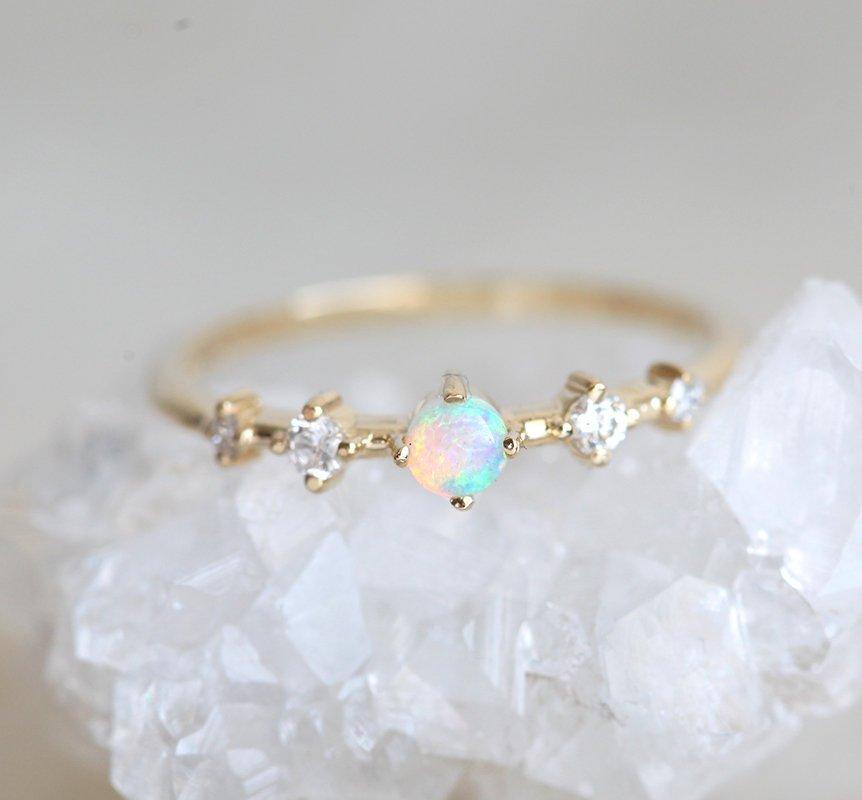 Round Opal Yellow Gold Ring with 4 Side White Diamonds
