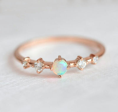 Round Opal Yellow Rose Ring with 4 Side White Diamonds