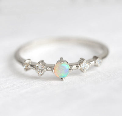 Round Opal White Gold Ring with 4 Side White Diamonds