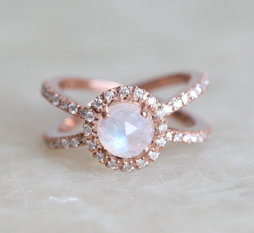 Round Moonstone Halo Ring with White Diamonds and Double Band