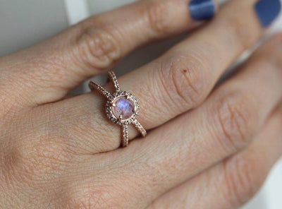 Round Moonstone Halo Ring with White Diamonds and Double Band