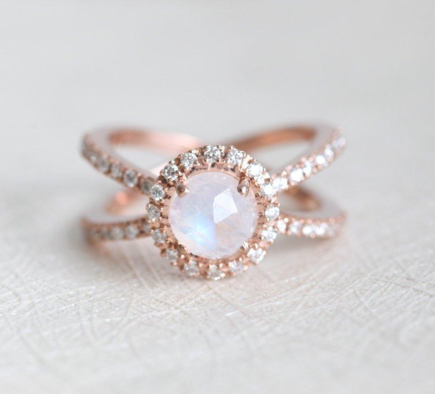 Round Moonstone Halo Ring with White Diamonds and Double Band