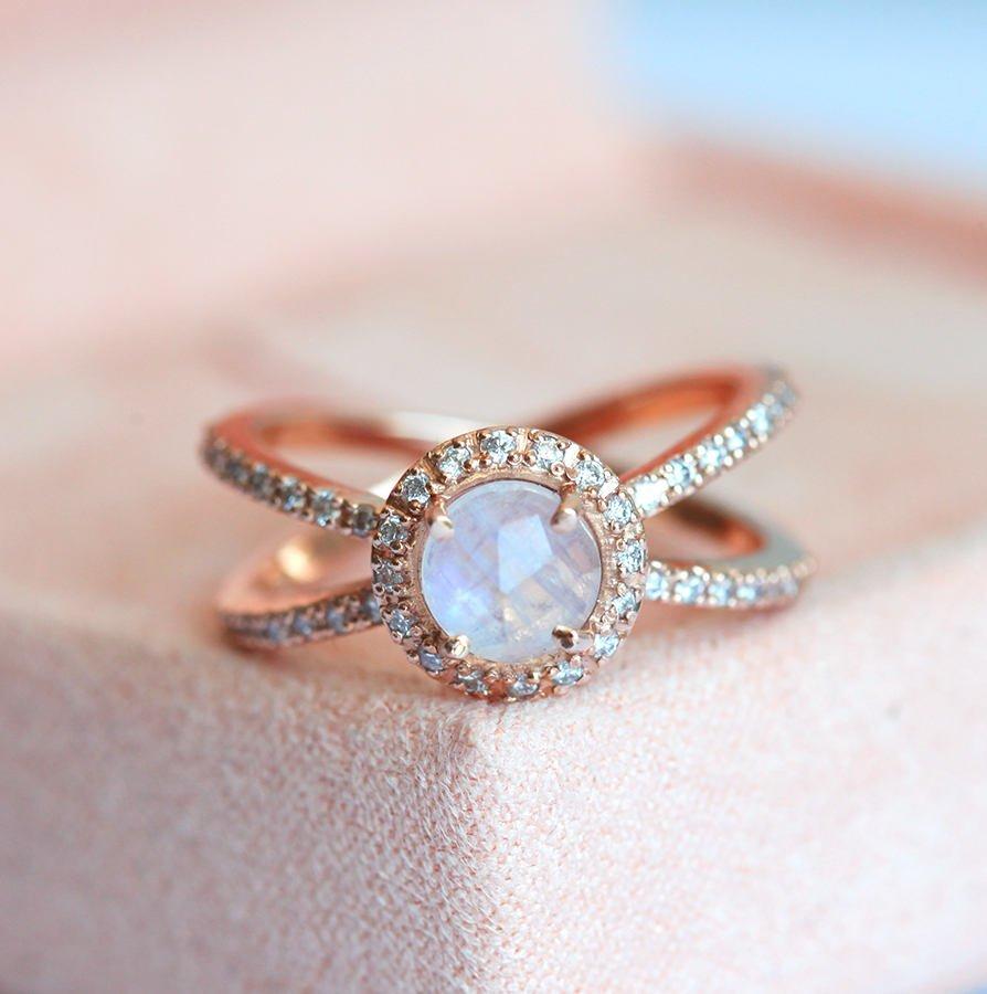 Round Moonstone Halo Ring with White Diamonds and Double Band