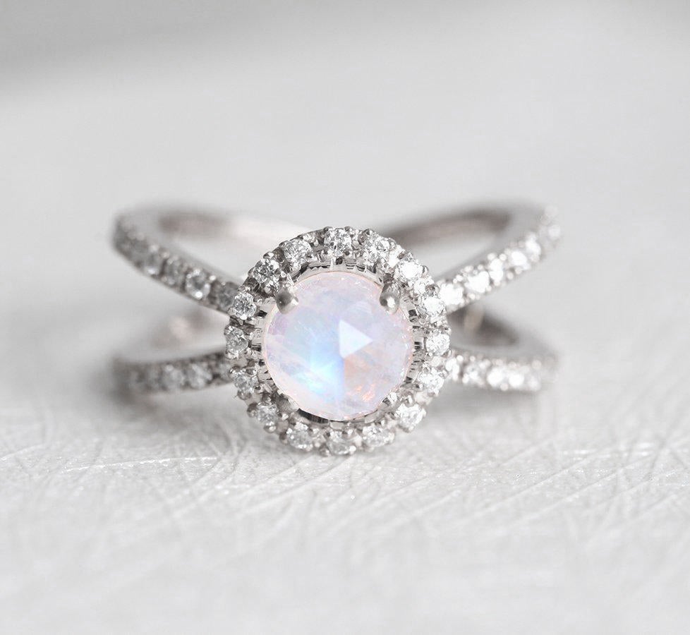 Round Moonstone Halo Ring with White Diamonds and Double Band