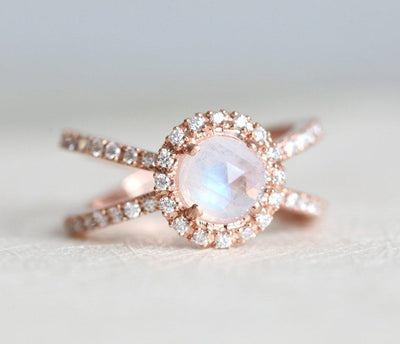 Round Moonstone Halo Ring with White Diamonds and Double Band