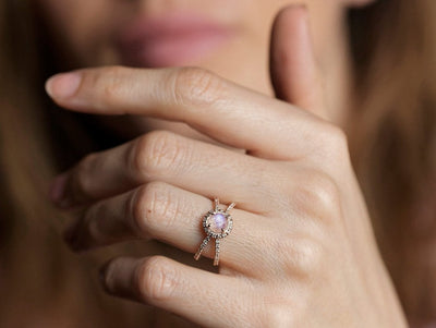 Round Moonstone Halo Ring with White Diamonds and Double Band