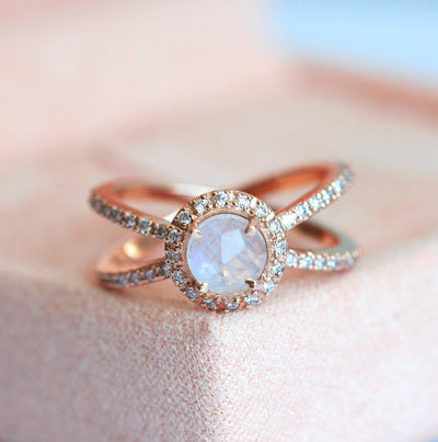 Round Moonstone Halo Ring with White Diamonds and Double Band